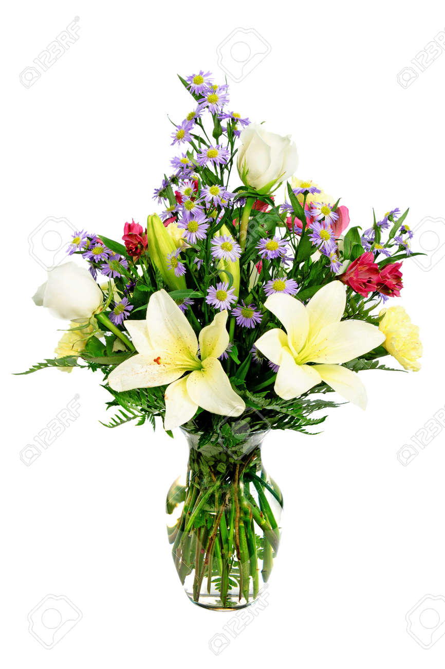 Colorful Flower Arrangement Centerpiece In Glass Vase With Roses Stock Photo Picture And Royalty Free Image Image 10413701