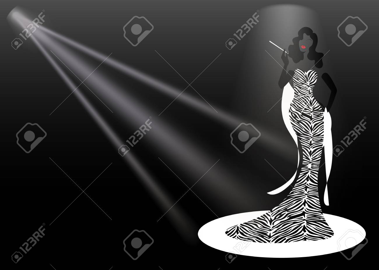 Template Shop Fashion Woman Logo Silhouette Diva And Spotlight Company Name Brand Design Beautiful Luxury Retro Girl Cover Woman In Red Zebra Pattern Dress Styling And Striped Evening Dress 1940s Royalty Free