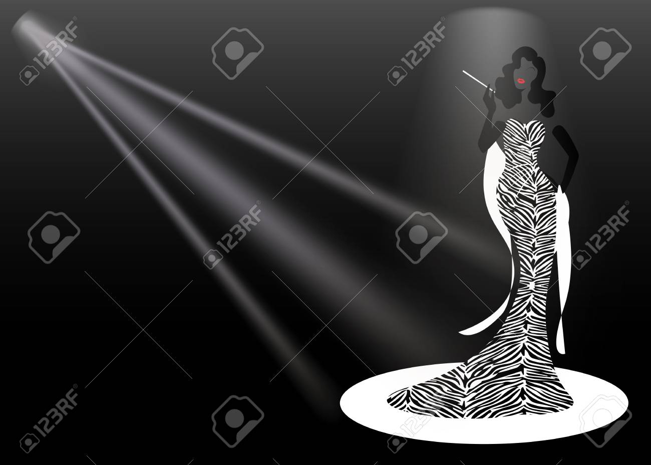 Template Shop Fashion Woman Silhouette Diva And Spotlight. Company Name Brand Design, Beautiful Luxury Retro Girl Cover Woman In Red Zebra Pattern Dress, Styling And Striped Evening Dress 1940s Royalty Free