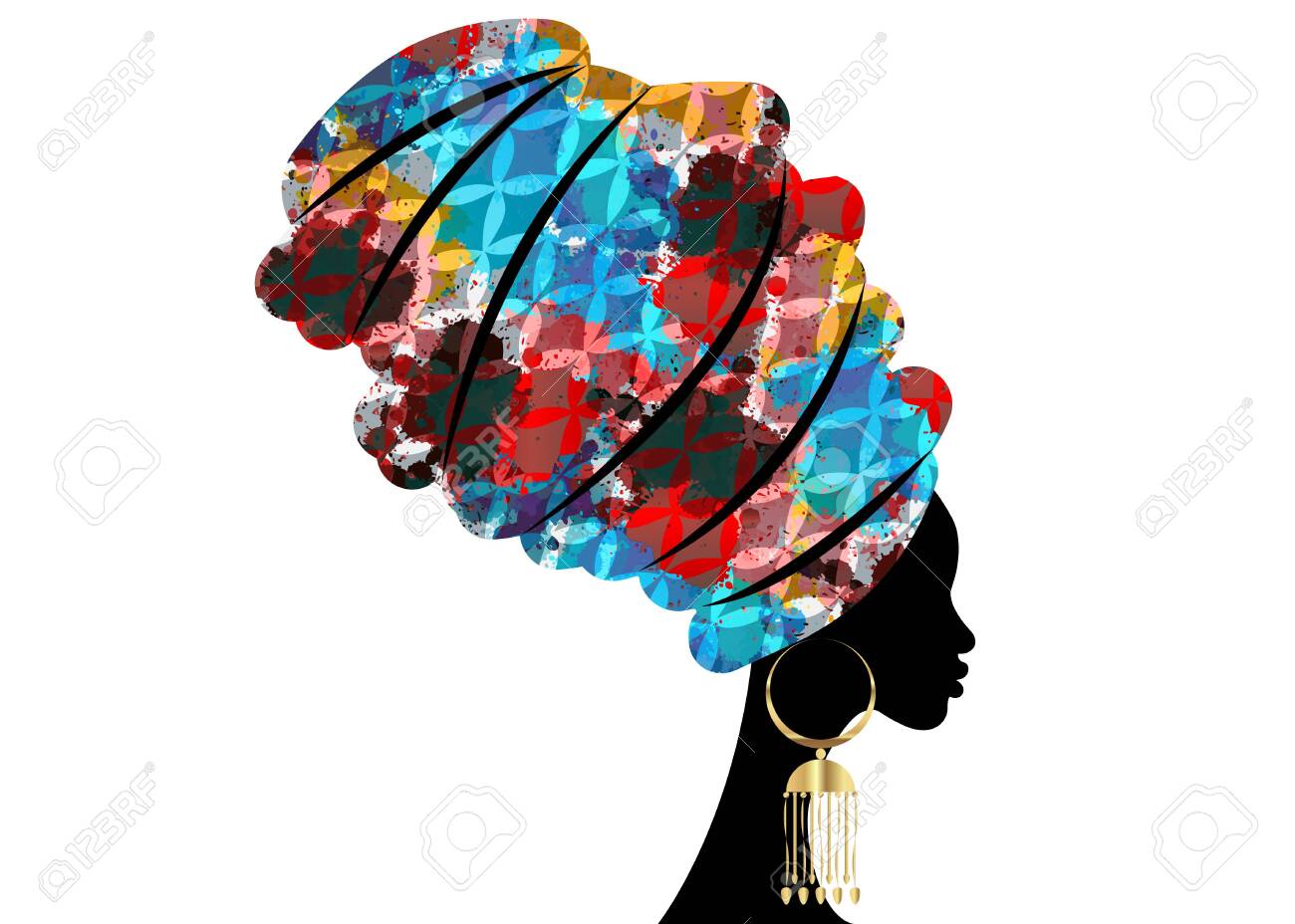 portrait beautiful African woman in traditional turban, Kente head wrap African, Traditional dashiki printing, black women vector silhouette isolated with traditional gold earrings, hairstyle concept - 126735346 portrait beautiful African woman in traditional turban, Kente head wrap African, Traditional dashiki printing, black women vector silhouette isolated with traditional gold earrings, hairstyle concept - 126735346