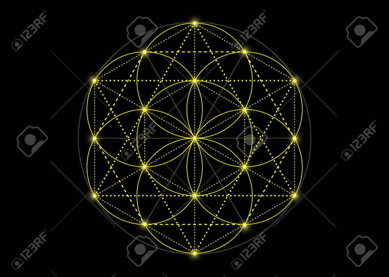 Seed Of Life Symbol Sacred Geometry. Yellow Mystic Mandala Of Alchemy  Esoteric, Flower Of Life. Vector Neon Bright Color Effect Isolated On Black  Background Royalty Free SVG, Cliparts, Vectors, and Stock Illustration., image size:1300x928