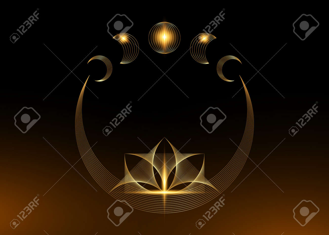 Lua crescente de lótus, dourado místico flor de lótus e fases da lua, geometria sagrada. linha de ouro corda geométrica wireframe. linha de arte logotipo design vector isolado no fundo preto - 175114004 Lua crescente de lótus, dourado místico flor de lótus e fases da lua, geometria sagrada. linha de ouro corda geométrica wireframe. linha de arte logotipo design vector isolado no fundo preto - 175114004