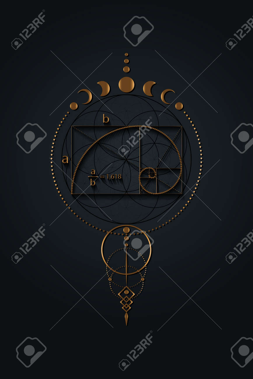 黄金比、フィボナッチ数列、神秘的な生命の花と月の満ち欠け、神聖幾何学。ゴールドの神の比率のウィッカバナー、エネルギーサークル、黒の背景に分離された自由奔放に生きるスタイルのベクトルのイラスト素材・ベクター  Image 176433276