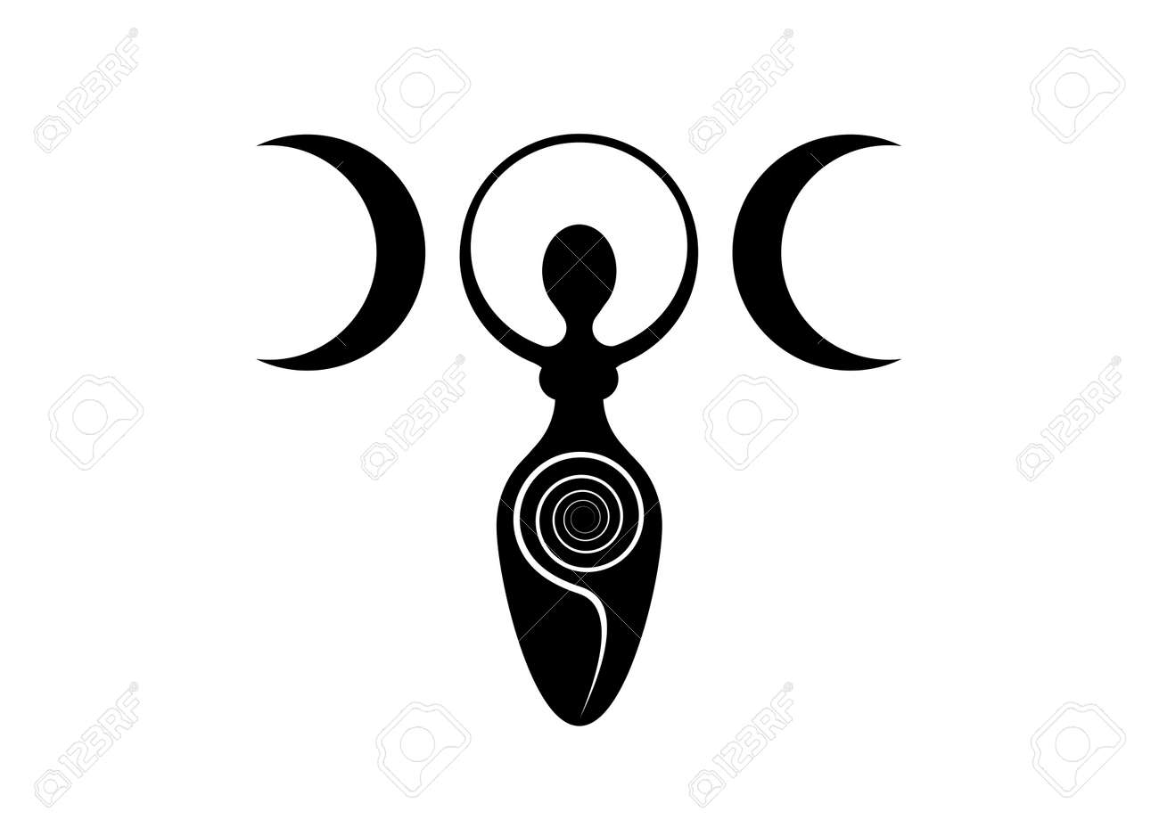 Wiccan Woman Logo Triple Moon Goddess, Spiral Of Fertility, Pagan Symbols,  Cycle Of Life, Death And Rebirth. Wicca Mother Earth Symbol Of Sexual  Procreation, Vector Tattoo Sign Icon Isolated On White Royalty