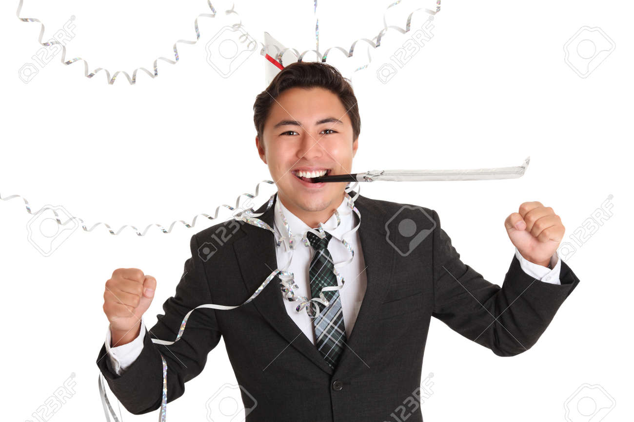 happy party guy wearing a suit and tie with a party hat party