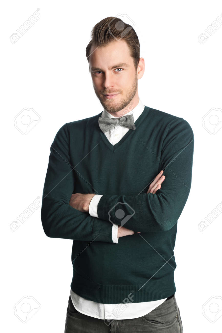 Hombre De Moda Y De Moda Con Una Camisa Blanca Con Un Jersey Hombre De Moda Y De Moda Con Una Camisa Blanca Con Un Jersey