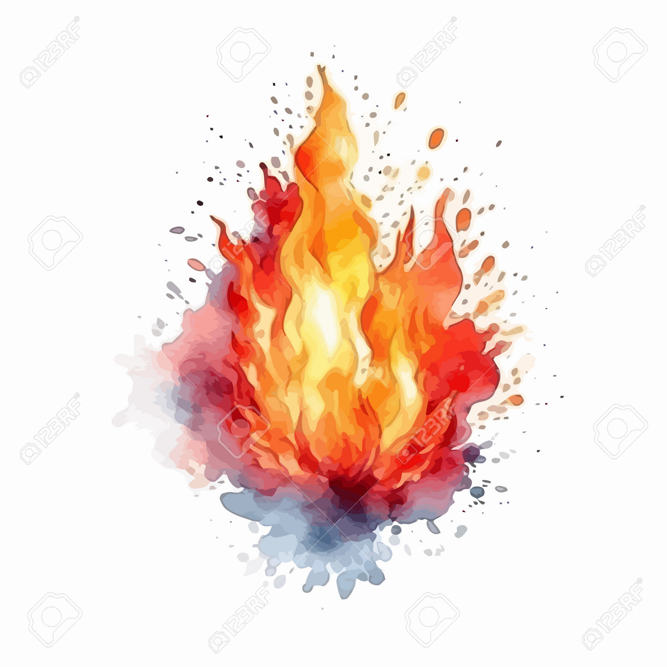 白い背景に火の炎。水彩手描きイラスト。のイラスト素材・ベクター