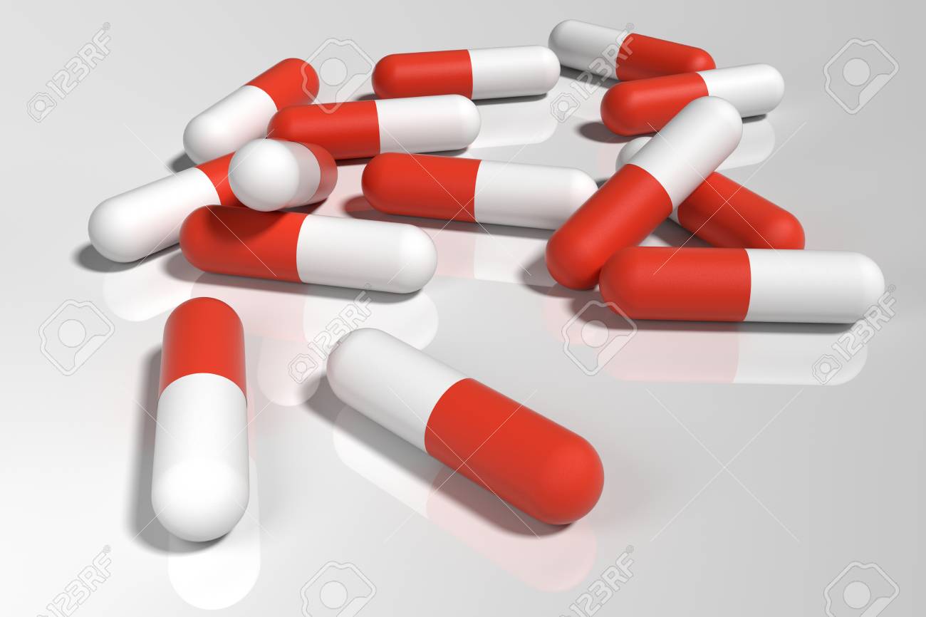 red white colored medical pills capsule on white illustration