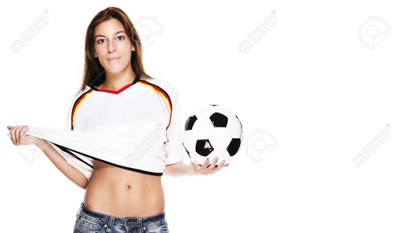 Young Beautiful Woman Holding Soccer Ball Pulling On Her Football Shirt On  White Background Stock Photo, Picture And Royalty Free Image. Image  13823853.