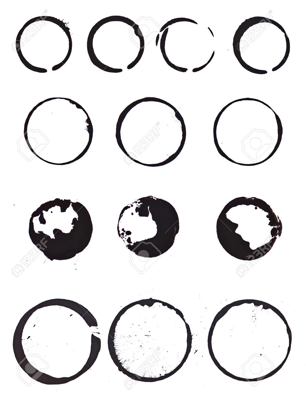 Various Mug Stain Rings From 4 Sets Of Coffee Mugs Done With.. Stock ... Various Mug Stain Rings From 4 Sets Of Coffee Mugs Done With.. Stock ...
