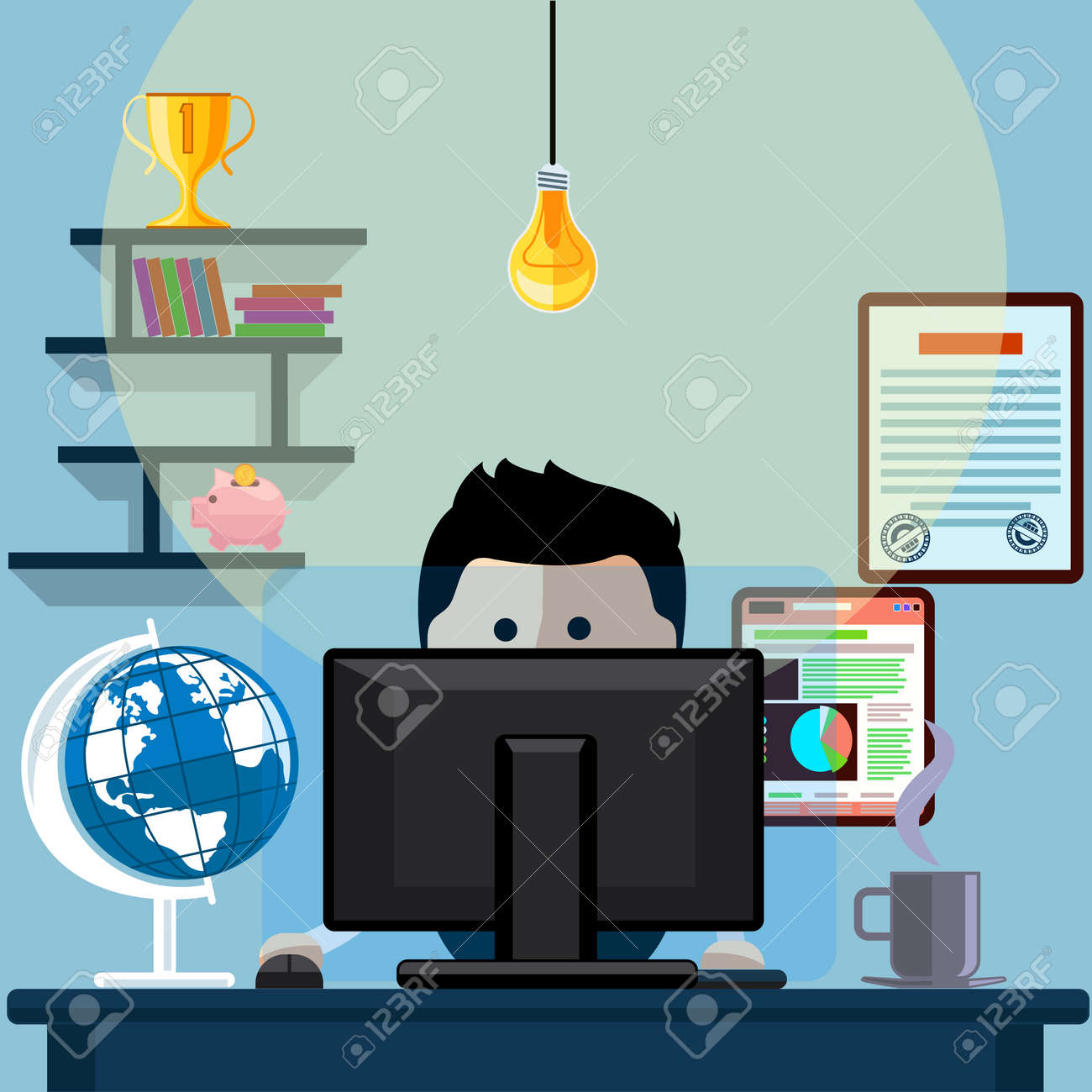 コンピューターのモニターと輝くランプ漫画フラットなデザイン スタイルの前にテーブルの椅子に坐っている人 のイラスト素材 ベクタ Image