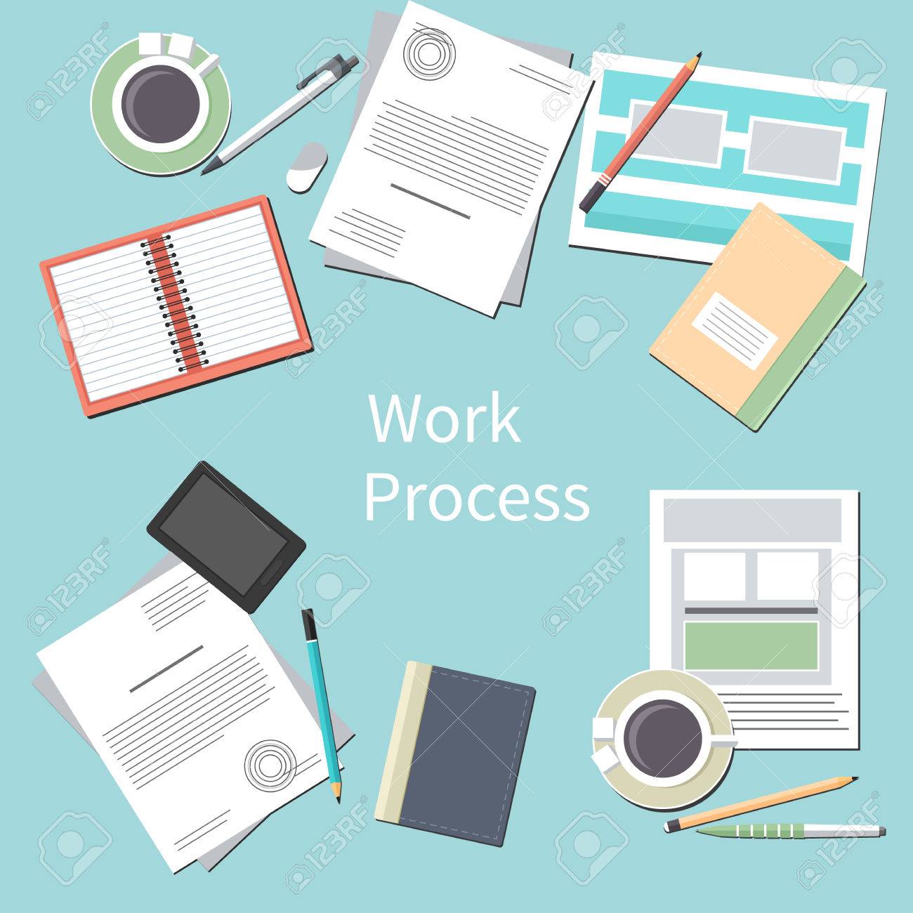 work process concept with top view of office desk with smartphone paper for documents