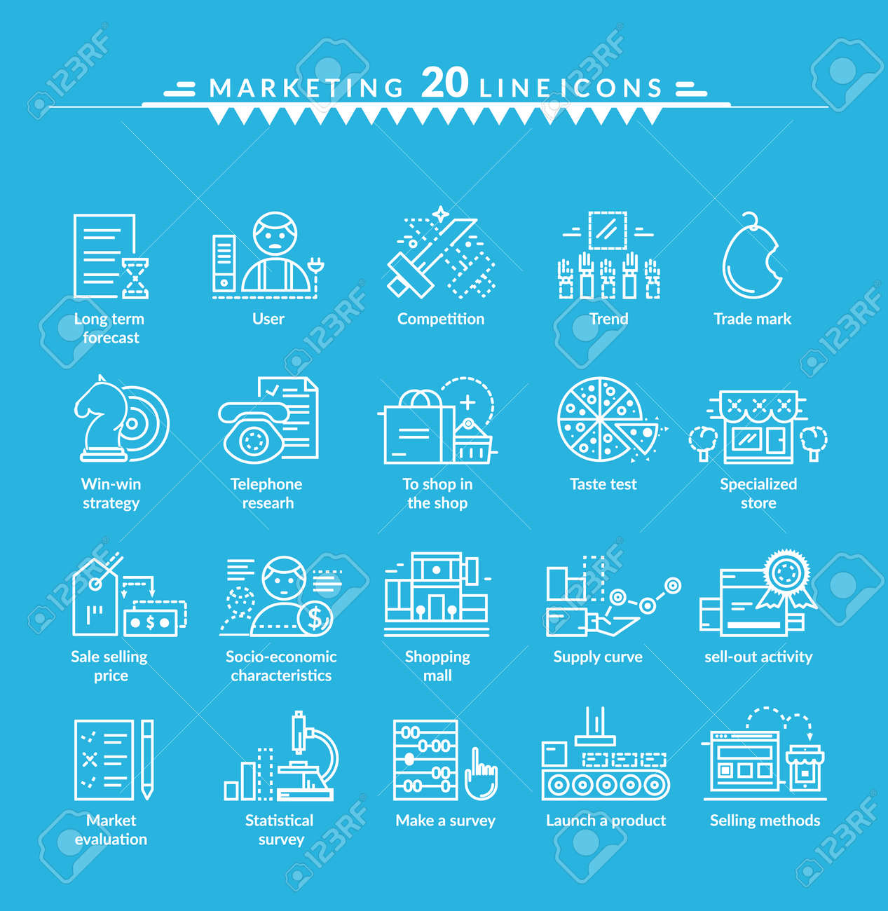 set of white marketing thin lines outline icons items for investment presentation
