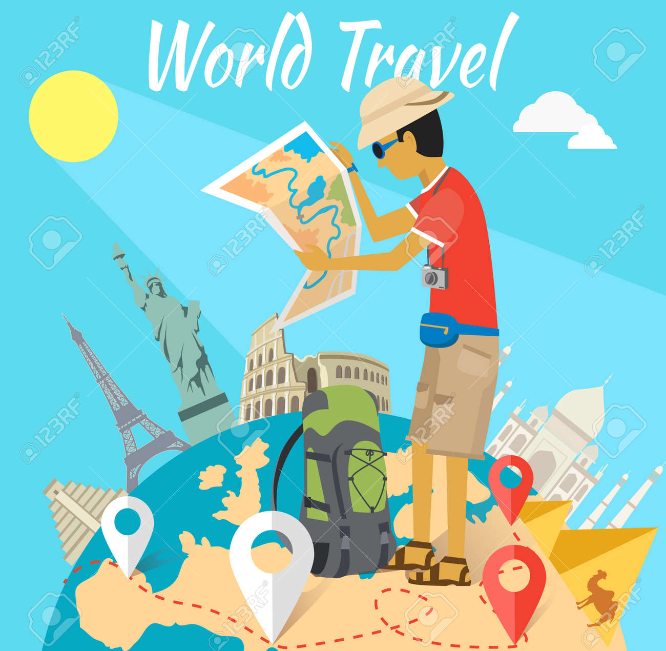 Concept of the world adventure travel. Relaxation journey, leisure and rest tourism, statue liberty, eiffel tower, colosseum and tourist with map, trip global tour illustration - 45480253 Concept of the world adventure travel. Relaxation journey, leisure and rest tourism, statue liberty, eiffel tower, colosseum and tourist with map, trip global tour illustration - 45480253