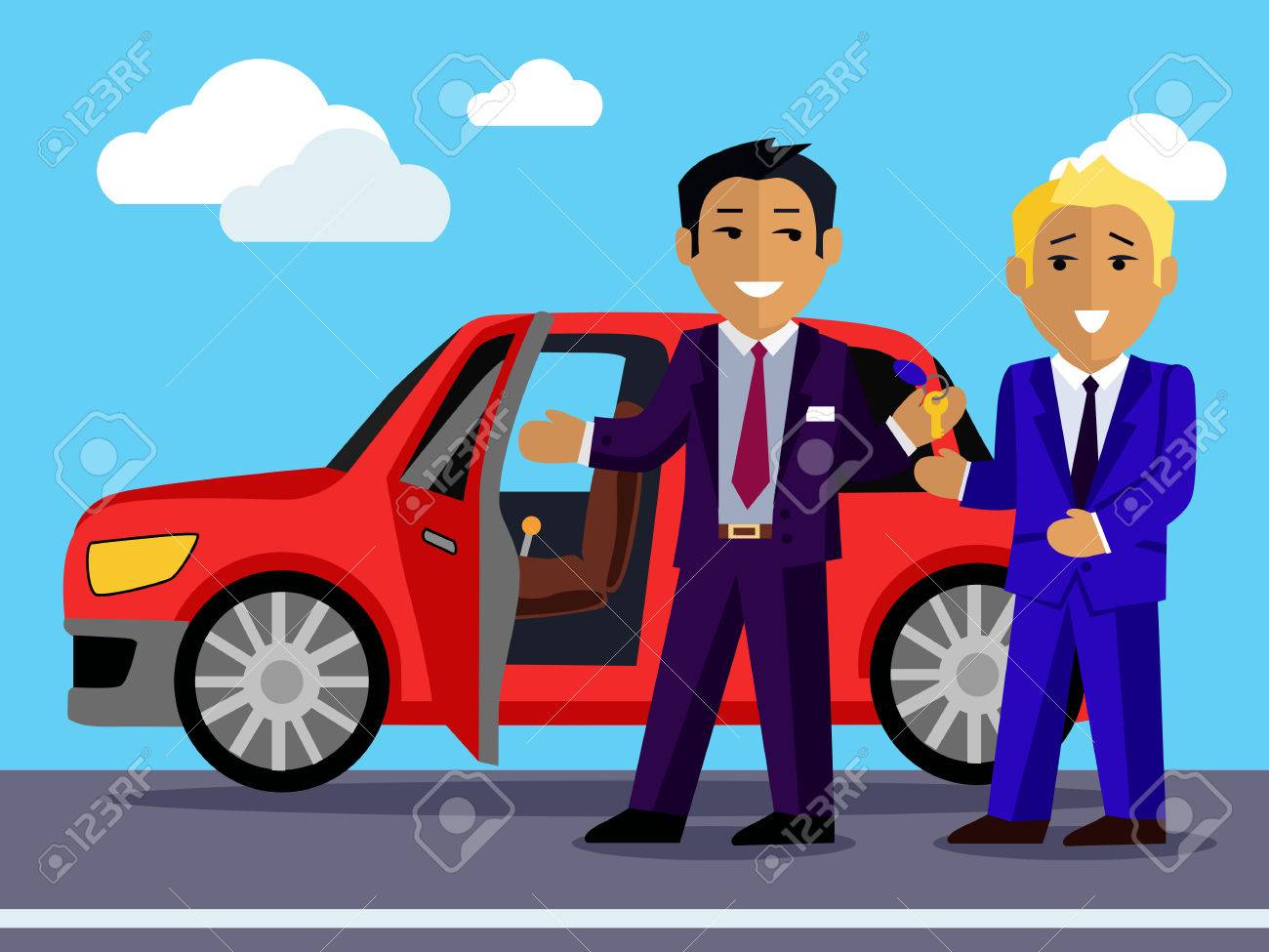 illustration of a man buys a new car automobile sale sell