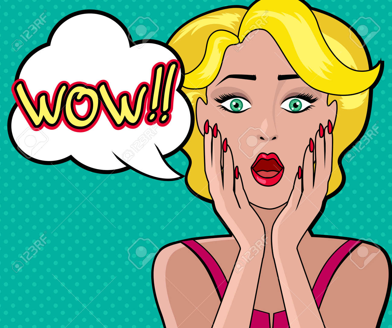 Cartoon attractive woman with bubble WOW. Face girl, retro and vintage fashion female, character person, art pop, look and open mouth, speech and surprise illustration - 45937049 Cartoon attractive woman with bubble WOW. Face girl, retro and vintage fashion female, character person, art pop, look and open mouth, speech and surprise illustration - 45937049