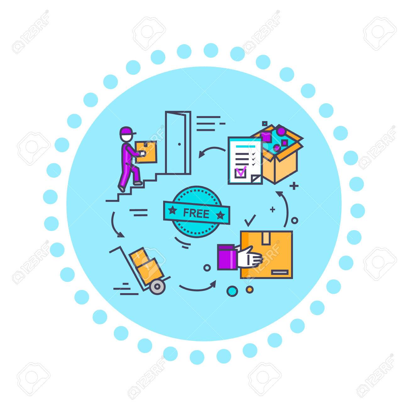 Livraison Gratuite Notion Icone Du Design Plat Ordre De Livraison Le Transport De Service Fret Logistique Boite D Emballage Courrier Rapide Livrer Colis Conditionnement Industriel Illustration Clip Art Libres De Droits Vecteurs