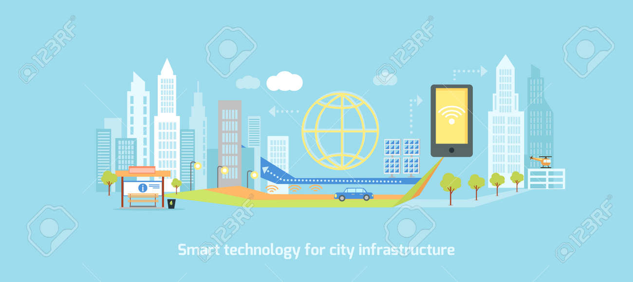 スマート技術都市のインフラストラクチャ アイコンとネットワーク システム コミュニケーション革新町 接続 未来 制御情報 インターネットの図のイラスト素材 ベクタ Image