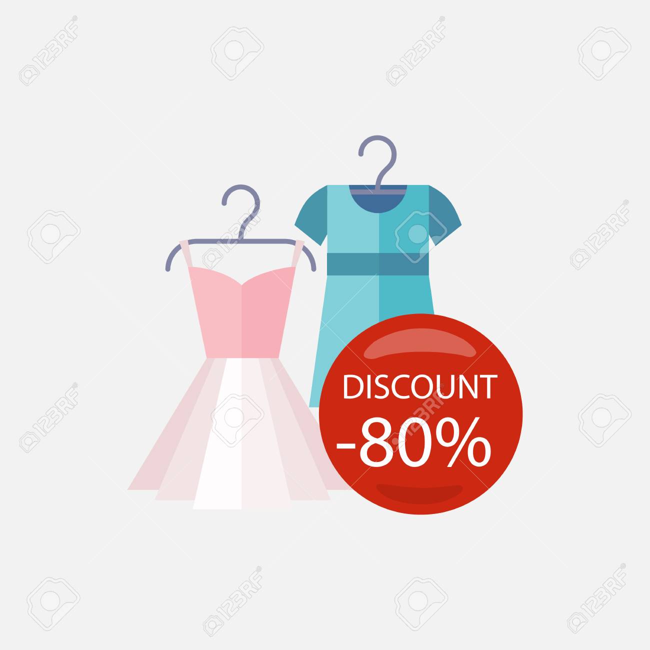 ピンナップのかわいい女性の販売ドレス赤バブル割引率です 販売バッジのラベル フラット スタイルの女性のドレス 服 ファッション 分離 女性のドレス ファッションのドレス スカートをドレスします のイラスト素材 ベクタ Image