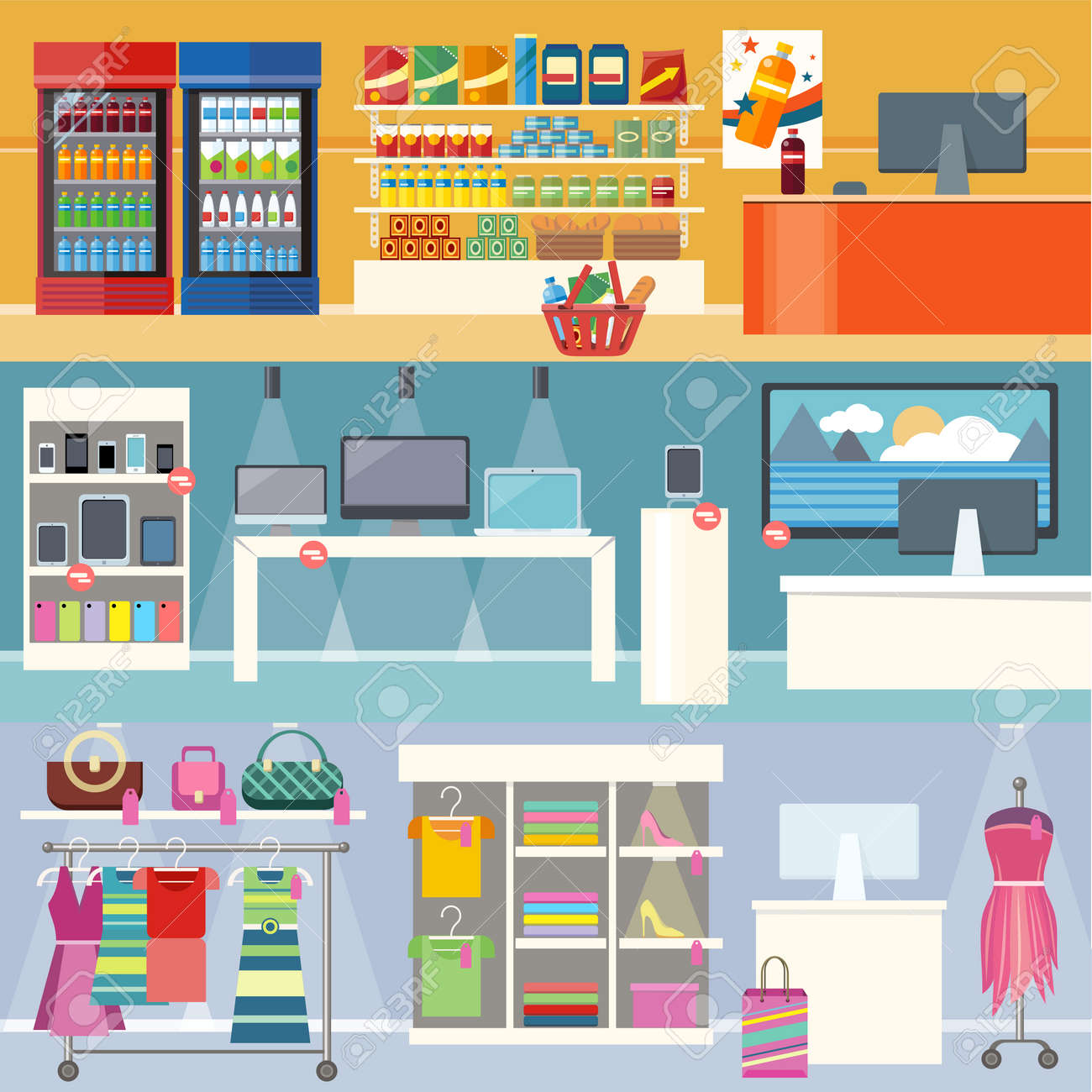 Interiors stores clothes, technology and food. Smartphone and clothing, grocery market, retail and supermarket, business and shopping, consumerism shop illustration. Supermarket interior. Retail store - 51593947 Interiors stores clothes, technology and food. Smartphone and clothing, grocery market, retail and supermarket, business and shopping, consumerism shop illustration. Supermarket interior. Retail store - 51593947
