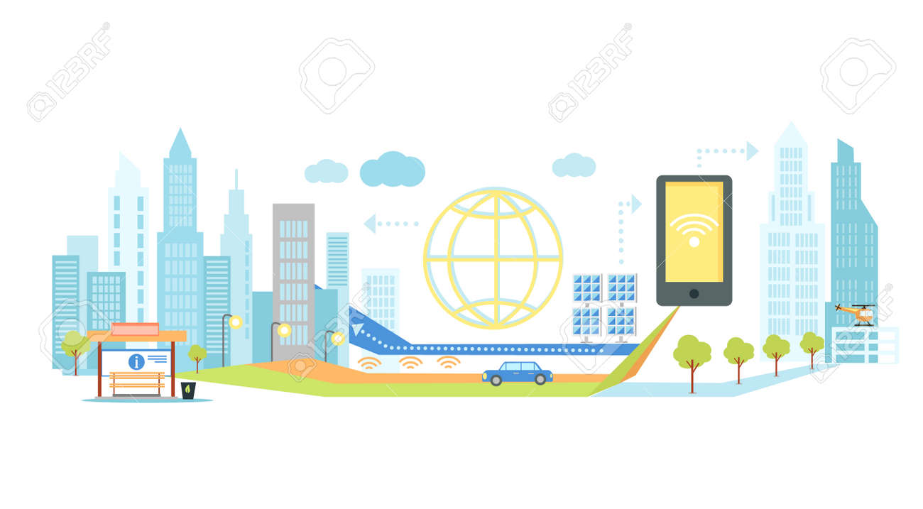 Smart technology in infrastructure of the city. Icon and network system, communication innovation town, connection and future, control information, internet illustration. Smart technology concept - 51809919 Smart technology in infrastructure of the city. Icon and network system, communication innovation town, connection and future, control information, internet illustration. Smart technology concept - 51809919
