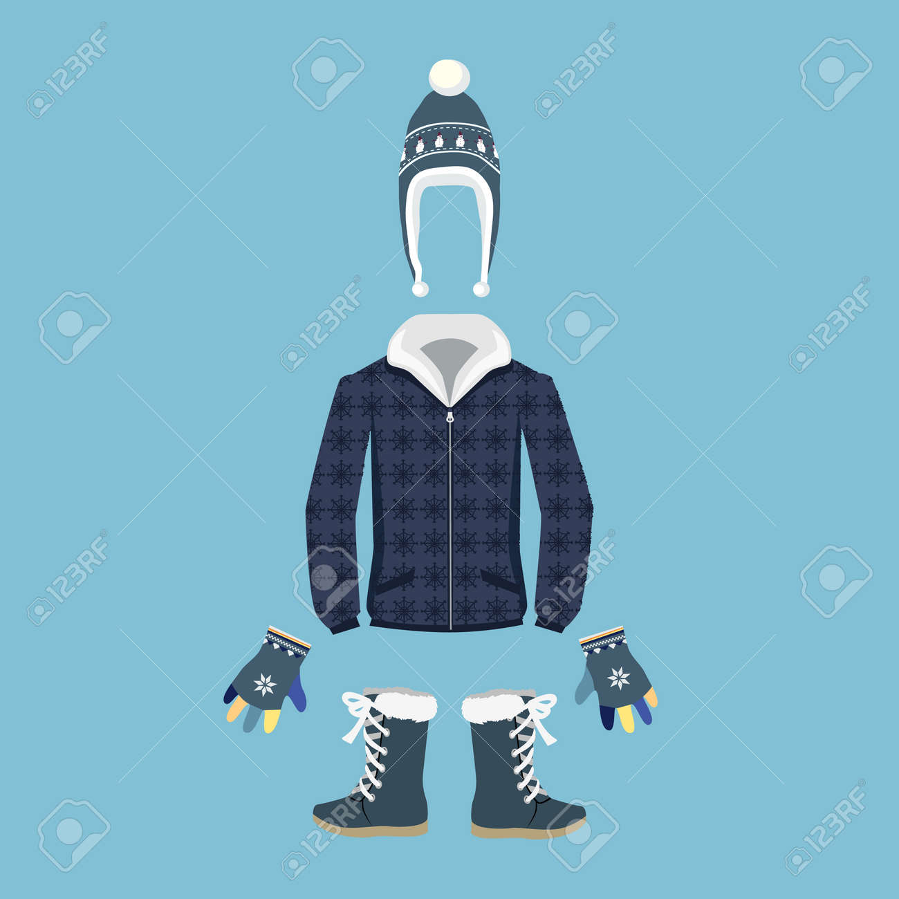 暖かい冬の服のデザインのセットします 冬のファッション 冬の帽子 冬のコート 布や帽子 ジャケットと手袋 コート ブート アウターの季節イラスト 男の冬 の服 ベクター冬の服 のイラスト素材 ベクタ Image
