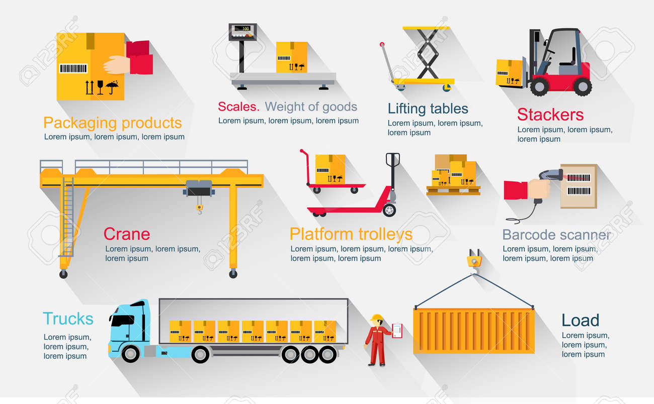Concept infographics equipment warehouse. Delivery and cargo transportation, shipping service, industry freight and package, logistic industrial, export and distribution production illustration - 53212972 Concept infographics equipment warehouse. Delivery and cargo transportation, shipping service, industry freight and package, logistic industrial, export and distribution production illustration - 53212972