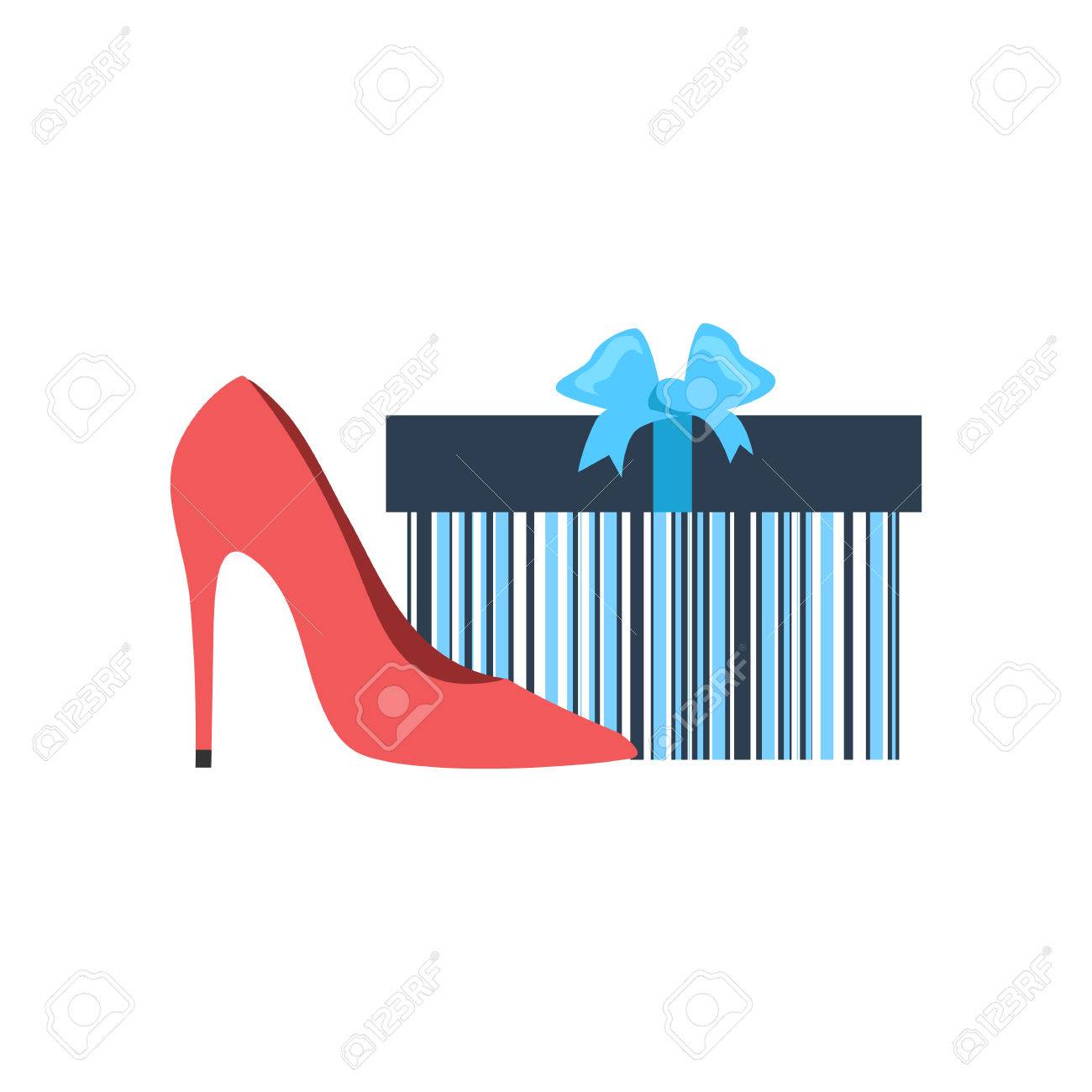 Gift box and woman shoes flat design. Gift and box, shoe present,..