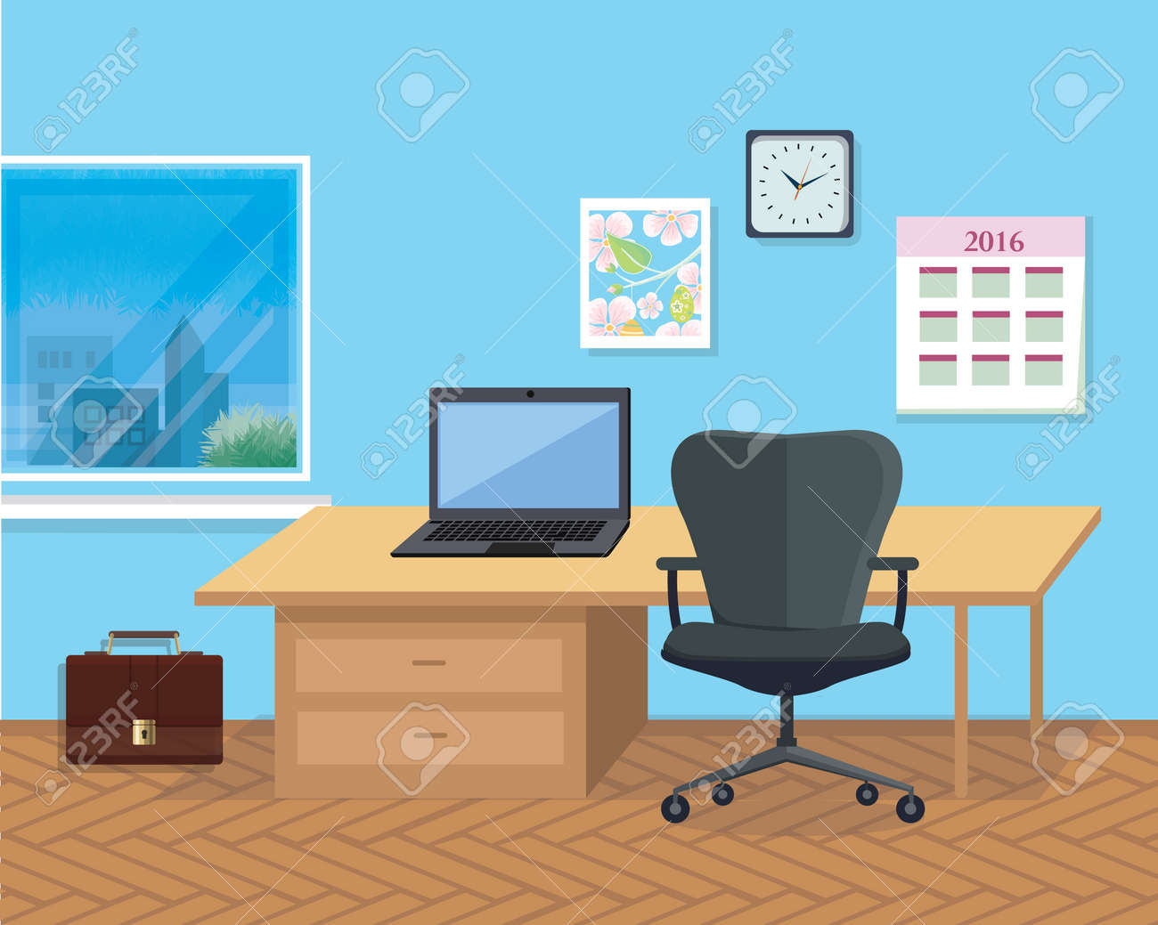 Modern Office Interior With Designer Desktop In Flat Design
