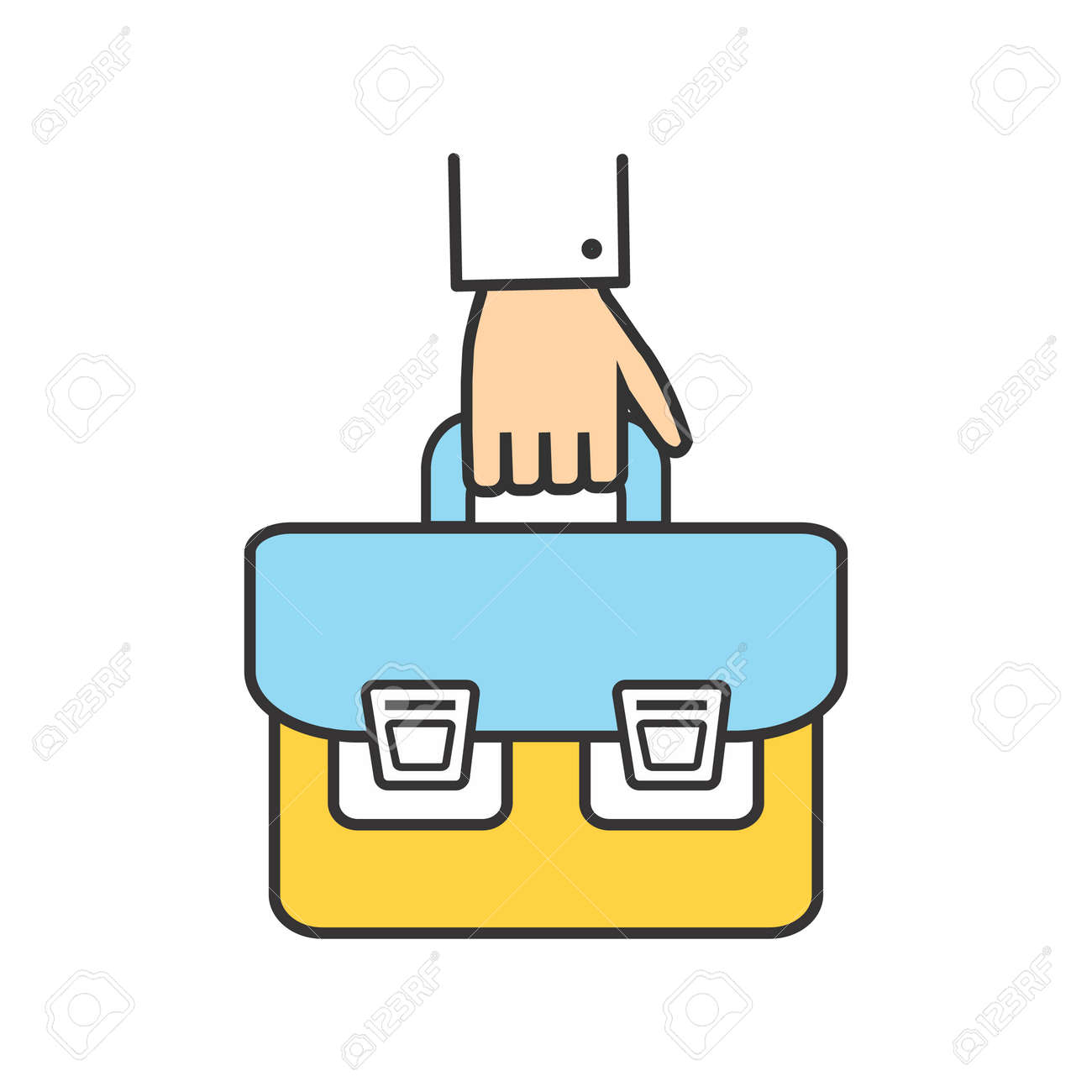 手ブリーフケース ロゴ アイコン成功 ビジネスマンのバッグです オフィスは手にブリーフケースを持つ人します スクール バッグ ポートフォリオ アイコン ブリーフケースのベクトル図を持っている手の細い線概要コンセプトのイラスト素材 ベクタ Image