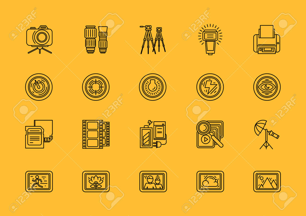 写真機材の薄い 線 輪郭 ストローク アイコンのセットです 写真の処理の要素です デジタル カメラの写真とモード 写真のアイテム Web およびモバイル アプリケーション 黄色の黒 のイラスト素材 ベクタ Image
