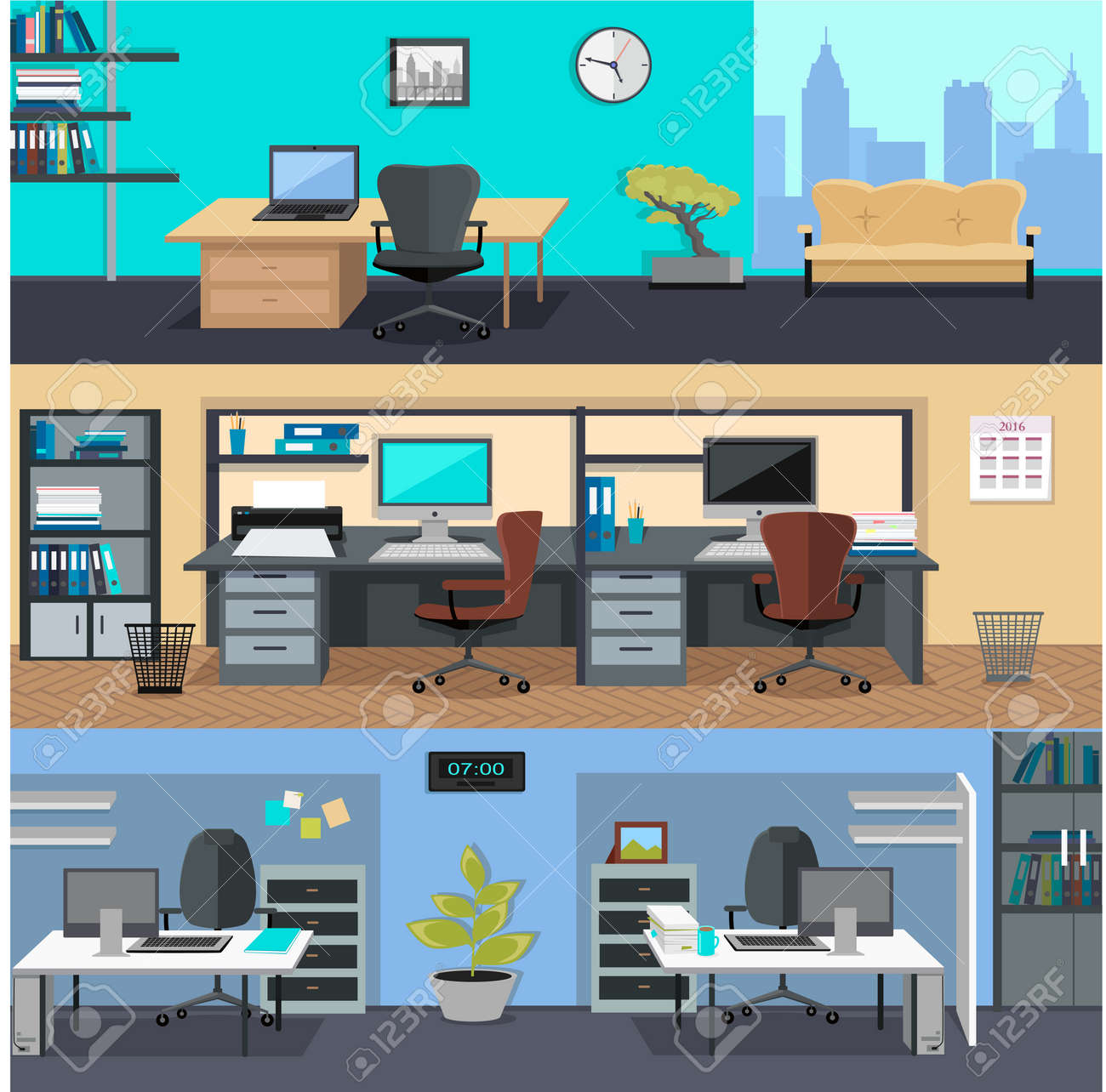 Set Of Modern Office Interior With Designer Desktop In Flat Design