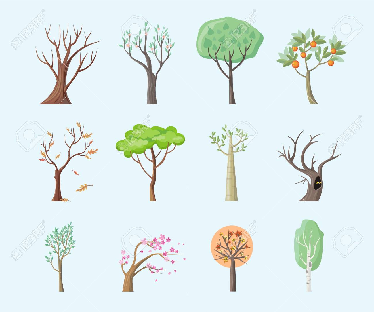 Set Getrennte Baume Entwerfen Flach Baumwald Blatt Baum Vektor Isoliert Baumast Natur Grun Pflanze Eco Zweig Baum Bio Naturholz Illustration Lizenzfrei Nutzbare Vektorgrafiken Clip Arts Illustrationen Image
