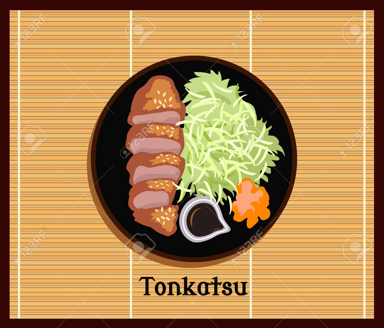 和食とんかつのデザインがフラット とんかつと日本料理 アジア料理 ディナー ランチ 料理 伝統的な皿グルメ レストランのおいしい おいしい料理 東洋文化 ベクトル図のイラスト素材 ベクタ Image