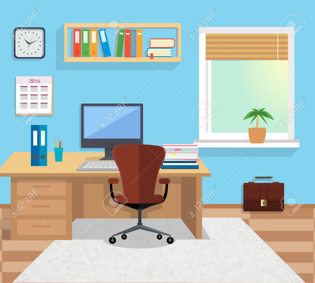 Modern Office Interior With Designer Desktop In Flat Design