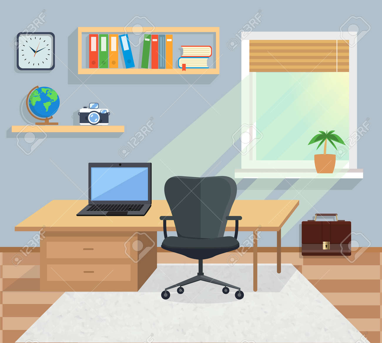 Modern Office Interior With Designer Desktop In Flat Design ... Modern Office Interior With Designer Desktop In Flat Design ...