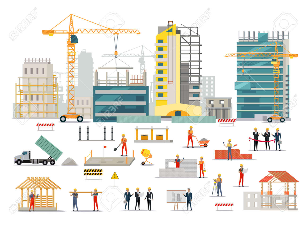 Process of construction of residential houses isolated. Big building dormitory area. Icons of construction machinery, construction workers and engineers design flat style. Vector illustration - 58532349 Process of construction of residential houses isolated. Big building dormitory area. Icons of construction machinery, construction workers and engineers design flat style. Vector illustration - 58532349