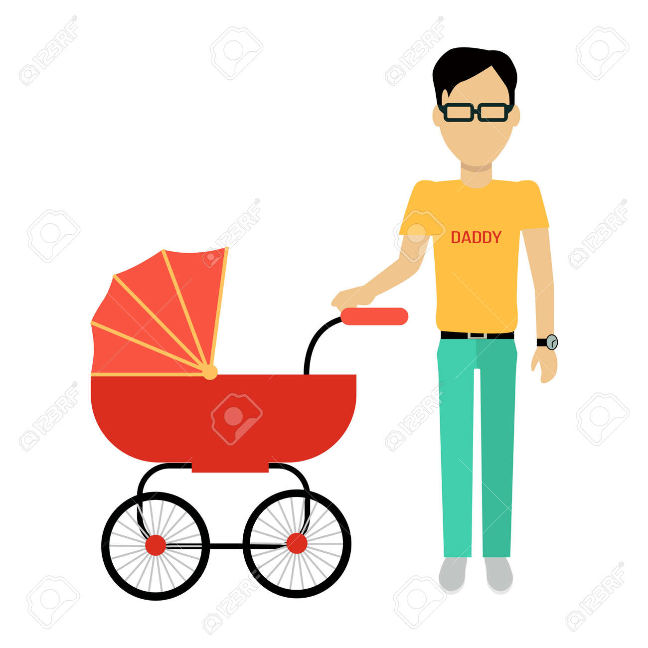 Padre con el bebé en cochecito. Padre joven empujando bebé en cochecito de niño con la botella de leche. Padre con el bebé en cochecito. Padre joven empujando bebé en cochecito de niño con la botella de leche.