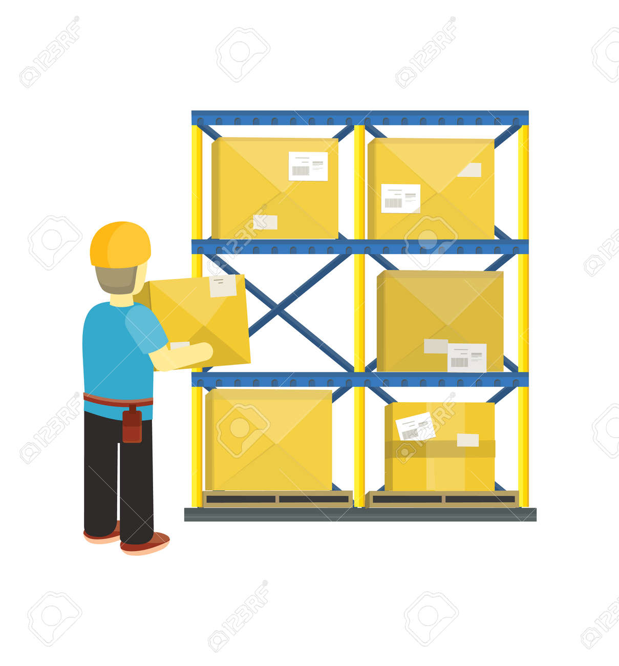 ストックのバナーの商品はフラット デザインします 倉庫在庫パッケージ ボックス 段ボール箱の山 配達と配送貨物 物流倉庫に商品ボックス ベクトル イラスト のイラスト素材 ベクタ Image