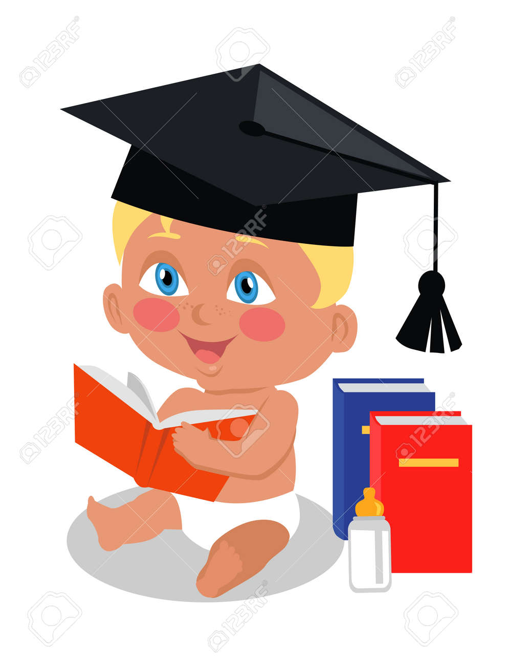 赤ちゃん広場学術キャップに大きな本で床に座って 幼児は 本を読みます 子供の教育 親概念 保育園 家庭での教育 生涯学習のシリーズの一部 ベクトルのイラスト素材 ベクタ Image