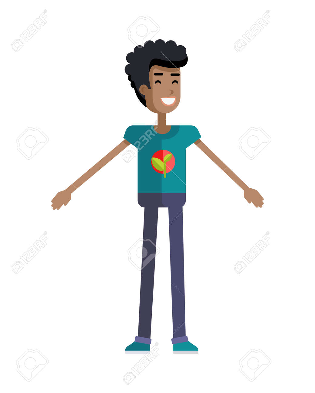 人間の鎖の一部として立っている服に枝と葉の紋章を持つ男を笑っています 生態学者 環境保護 自然保護活動家やボランティアのイラスト フラットなデザイン 地球の日 のイラスト素材 ベクタ Image