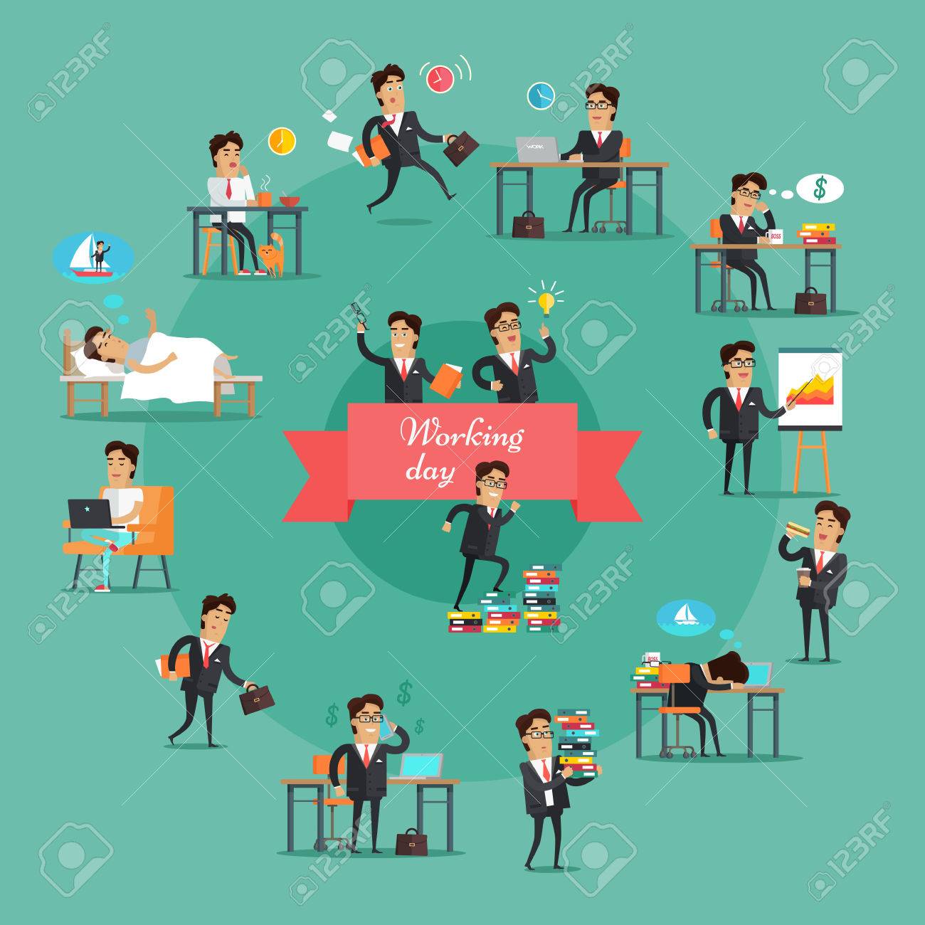 Businessman working day set. Young businessman in black business suit and tie in various work situations. Business people in office. Office life collection. Vector illustration in flat design. - 64621268 Businessman working day set. Young businessman in black business suit and tie in various work situations. Business people in office. Office life collection. Vector illustration in flat design. - 64621268