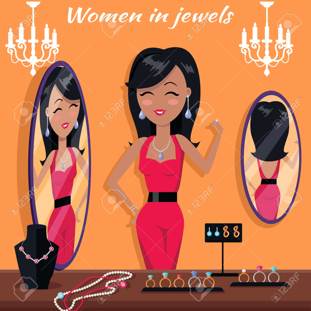 women in jewels in front of the mirror jewelry banner concept royalty free cliparts vectors and stock illustration image 64620847 women in jewels in front of the mirror jewelry banner concept