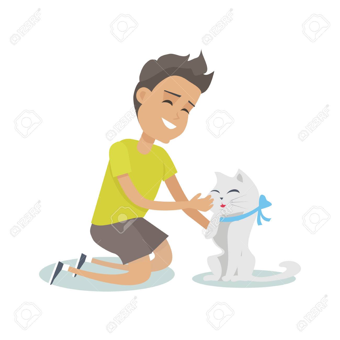 フラット スタイルのデザインでペットのベクトル図で遊んでいます 微笑む少年のイラストがかわいい猫と遊ぶ 動物助けられた療法の概念を 白い背景上に分離 のイラスト素材 ベクタ Image