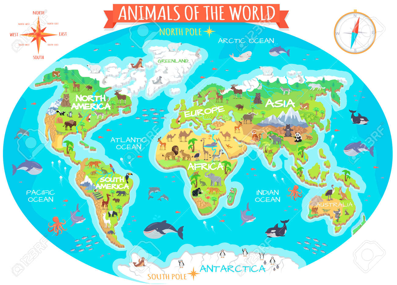 Animaux Du Vecteur Du Monde Le Style Plat Globe Du Monde Avec La Carte Des Continents Et Differents Animaux Dans Leur Habitat Nord Africain Americain Europeen Faune Asiatique Pour La Conception De