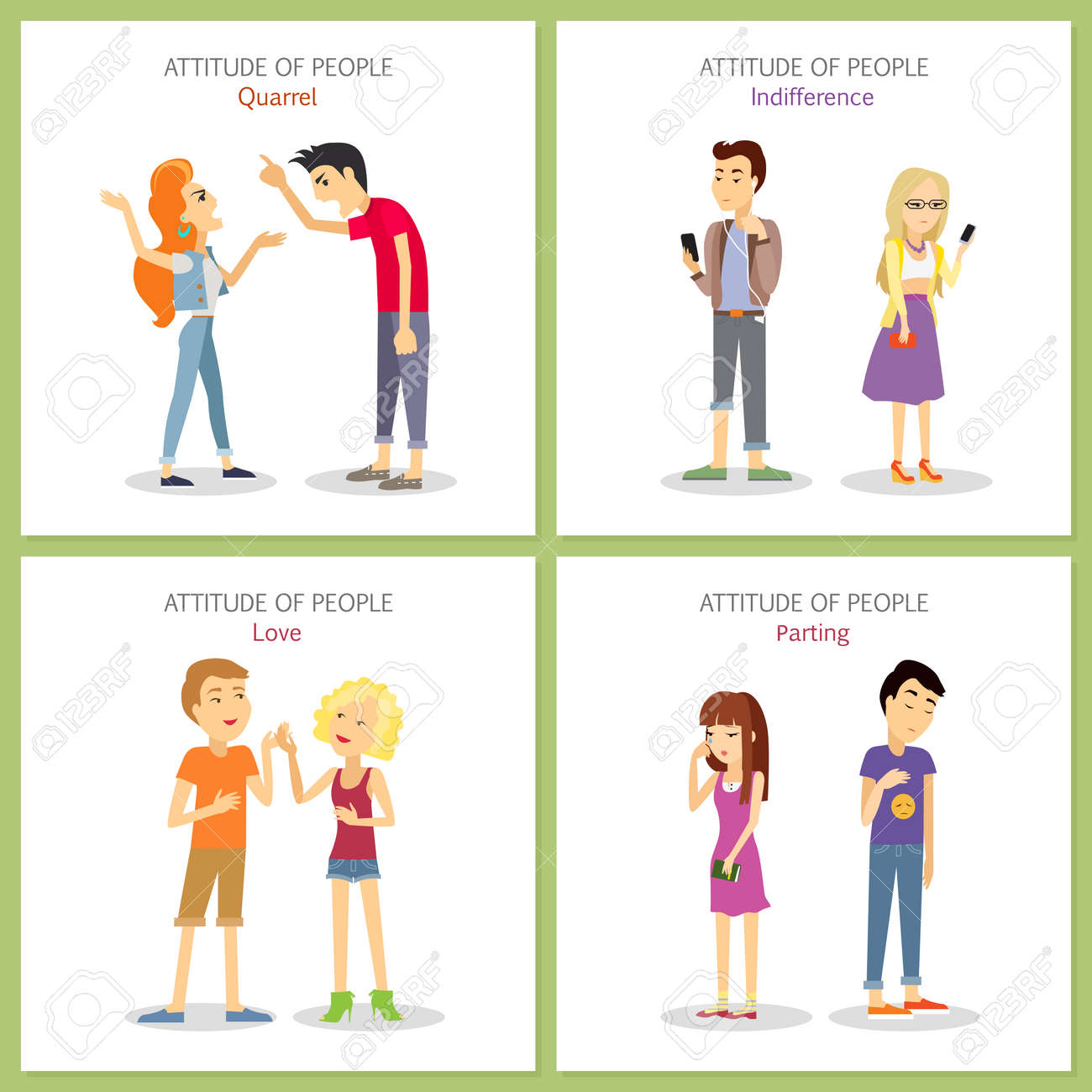人々 の態度 けんか 無関心 大好きです 別れ 10 代の若者の無気力 楽観的 短気 メランコリックな気質 さまざまな感情的な状態のカップルの男女 ベクトル図 の写真素材 画像素材 Image