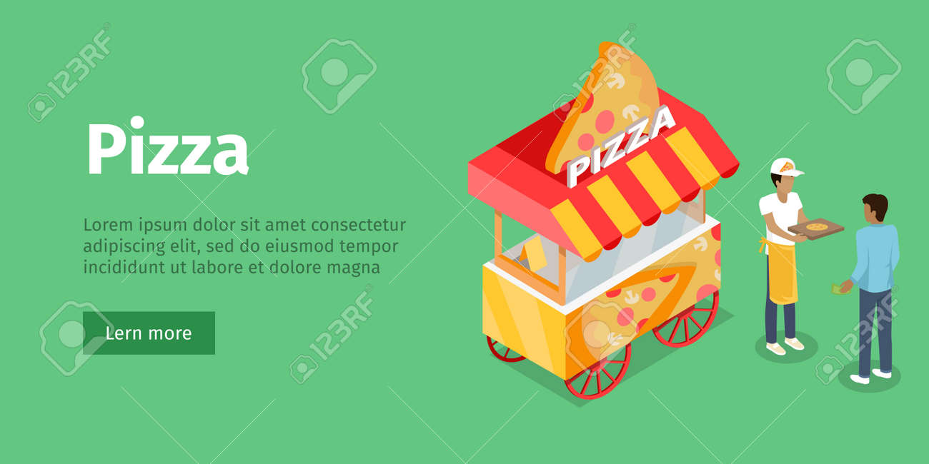 等角投影スタイル デザイン アイコンでピザのトロリー ストリートのファーストフードのコンセプト フード トラックの傘のイラスト 緑の背景に分離されました 炊飯器と買い手の携帯ショップ ベクトルのイラスト素材 ベクタ Image
