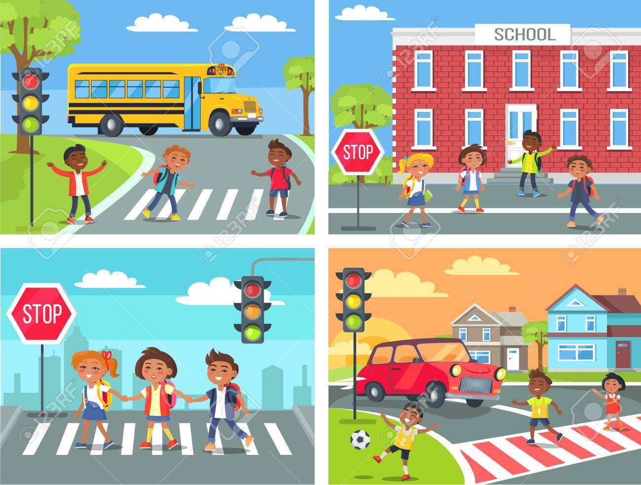 小学生が横断歩道をクロスロードします のイラスト素材 ベクタ Image 02