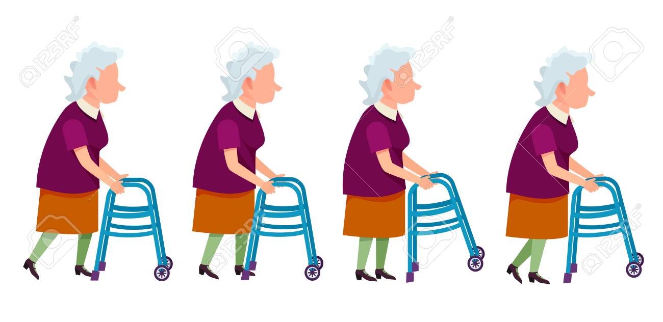 高齢者の白髪女性フロント輪歩行器の助けを借りて移動します 白のベクトル図を分離しました 歩行を支援するために設計されている金属製の工具のイラスト素材 ベクタ Image