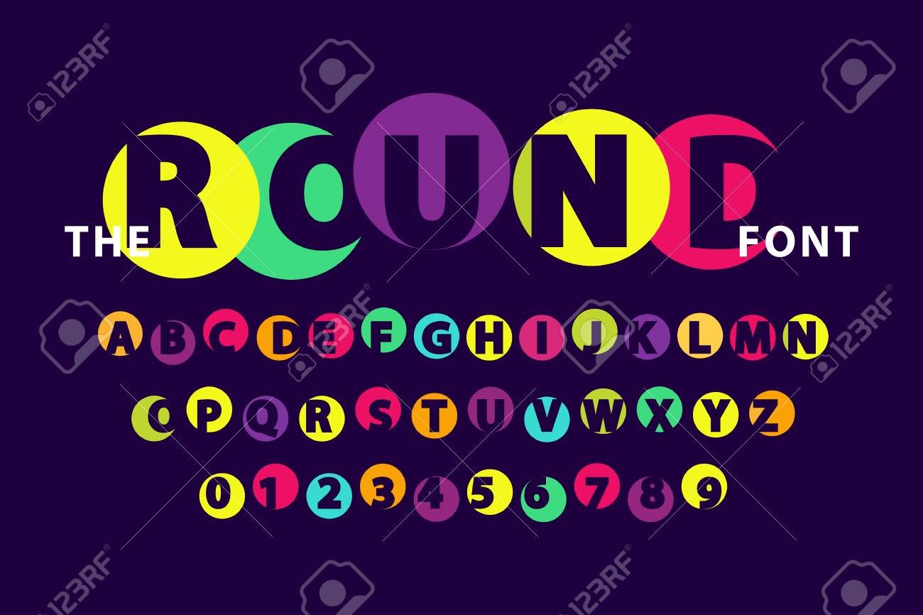 濃い紫色の背景にカラフルな丸いフォントの分離ベクトルイラスト 以下のアラビア数字を持つ大文字の英字 創造的なアルファベットのイラスト素材 ベクタ Image